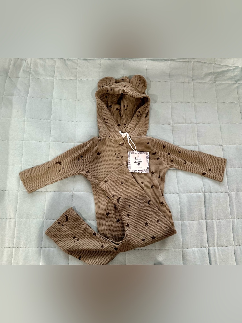 kate quinn Olive Waffle-Knit Hooded Romper with Moon & Star Print